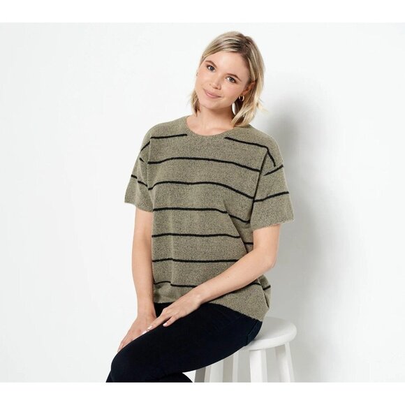 NYDJ Striped Short Sleeve Crew Neck Sweater‎ Womens Plus Size 0X Gray NEW - Picture 1 of 16